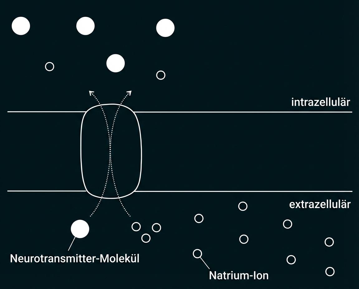 Schematische Zellmembran mit Ionenkanal, Neurotransmitter-Molekül und Natrium-Ionen, intra- und extrazellulär